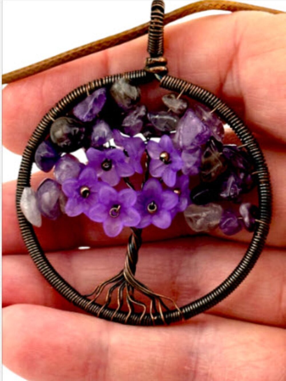 Amethyst Tree of Life Necklace Wire Wrapped Copper Purple Floral Pendant